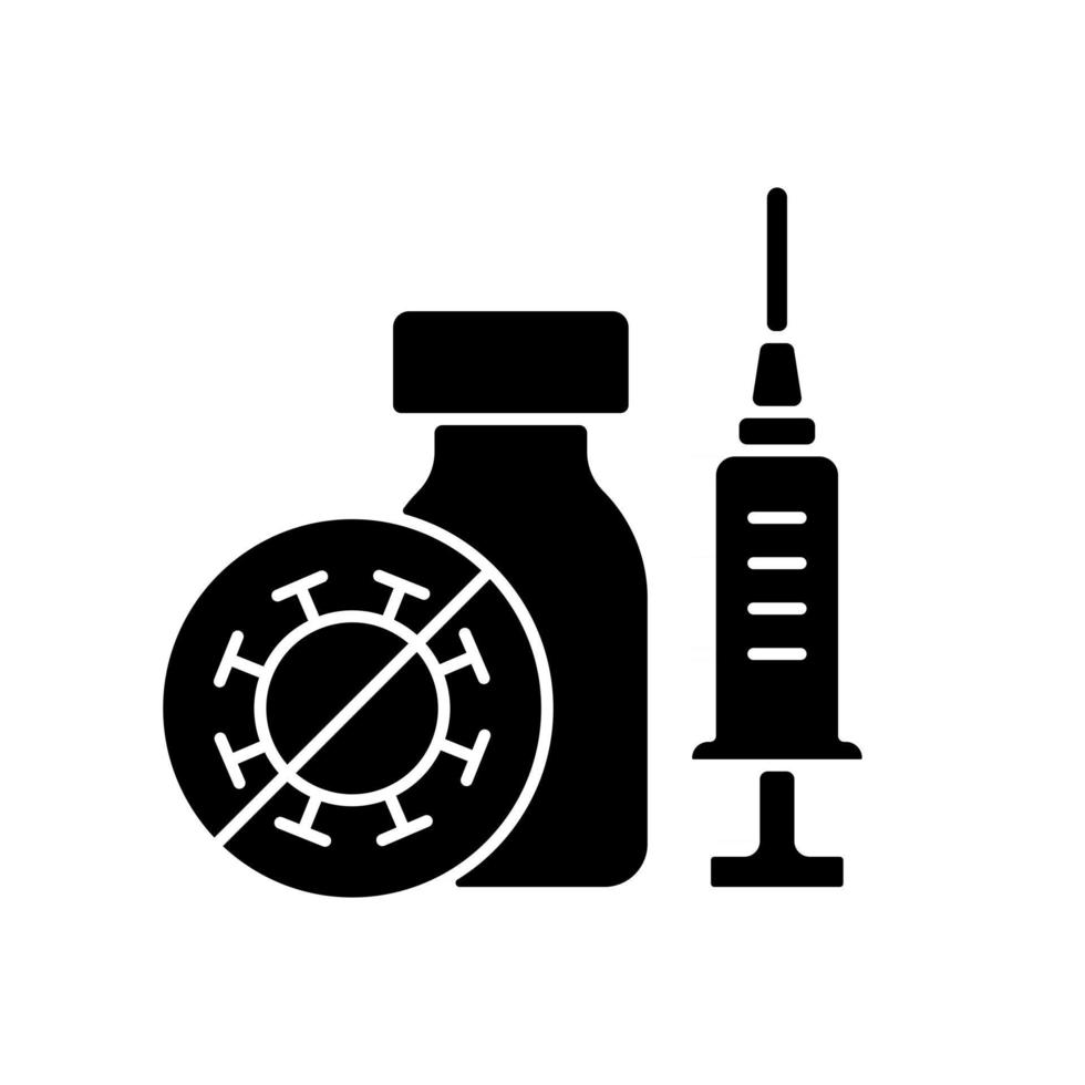 icona del glifo nero vaccinazione covid. immunizzazione contro il coronavirus. trattamento delle malattie infettive. assistenza sanitaria e medicina. simbolo di sagoma su uno spazio bianco. illustrazione vettoriale isolato