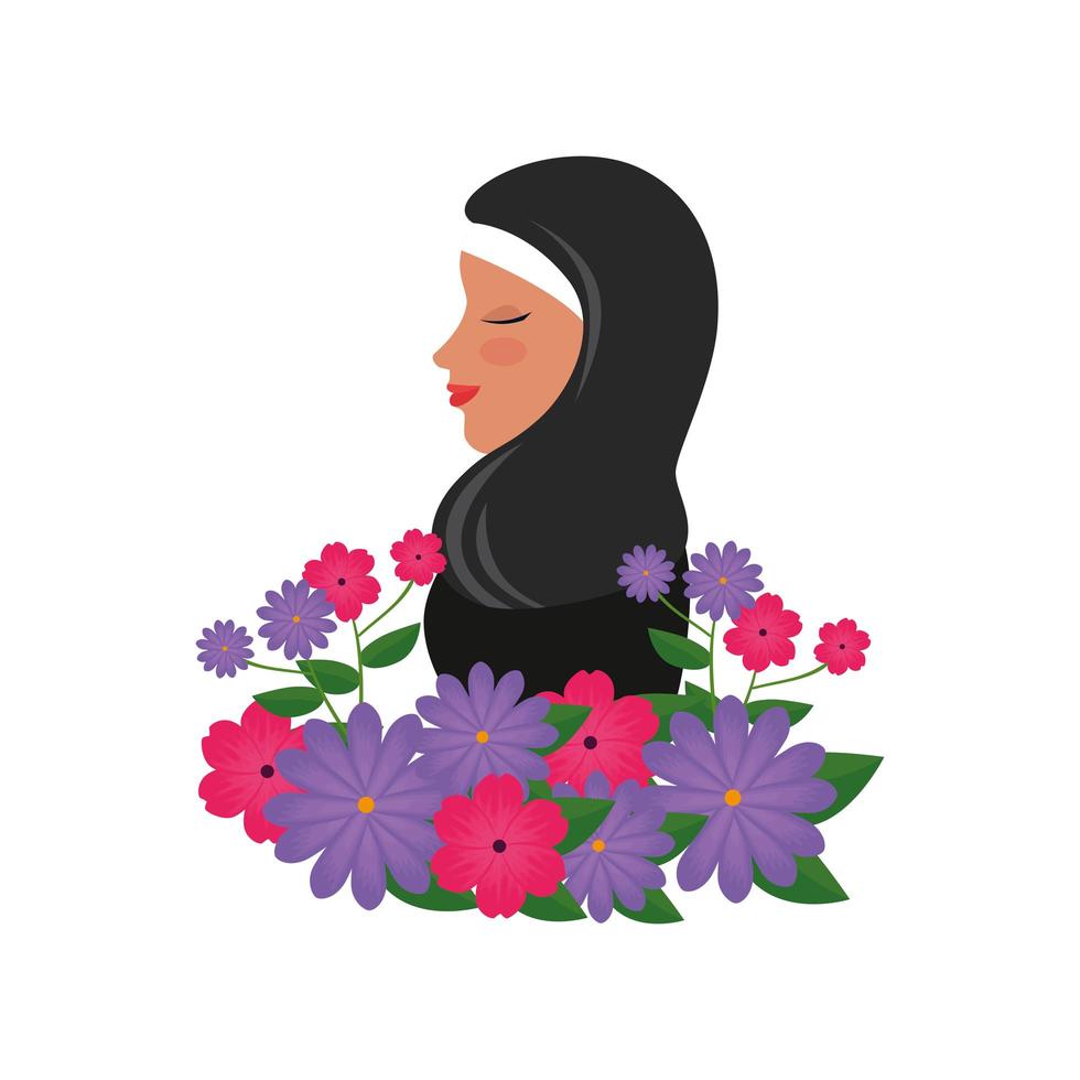 profilo di donna islamica con burka tradizionale e fiori da giardino vettore