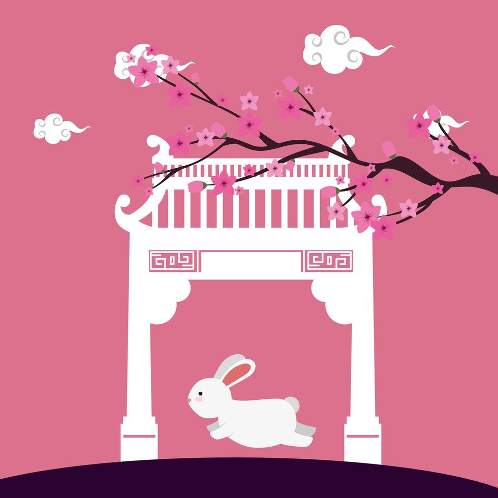 piccolo coniglio con arco cinese e scena di piante arboree vettore