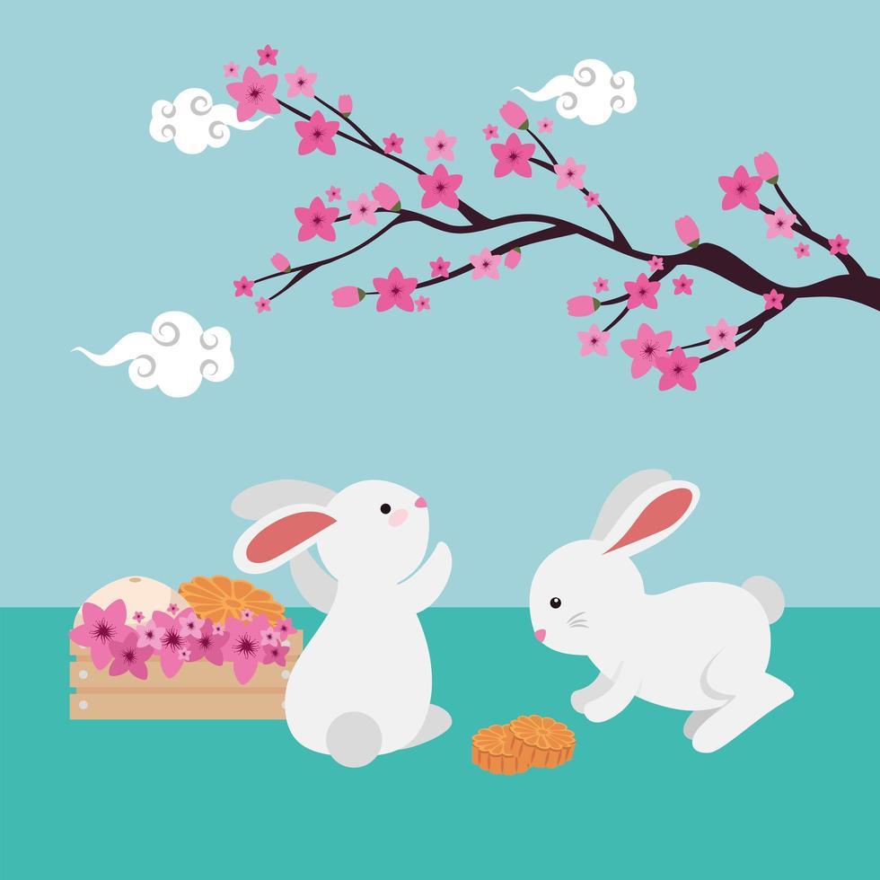 coppia di conigli con ramo di un albero cinese e fiori vettore