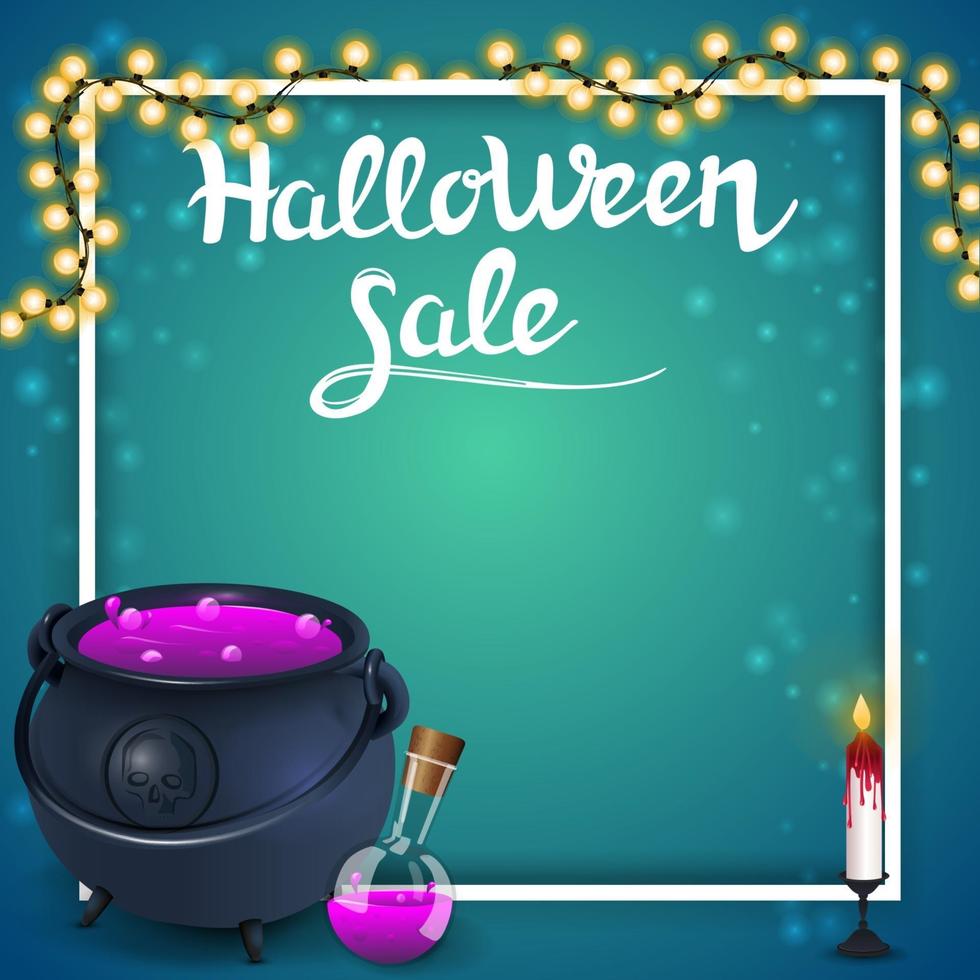 vendita di halloween, modello quadrato per banner sconto con spazio per il testo, vaso della strega con pozione vettore