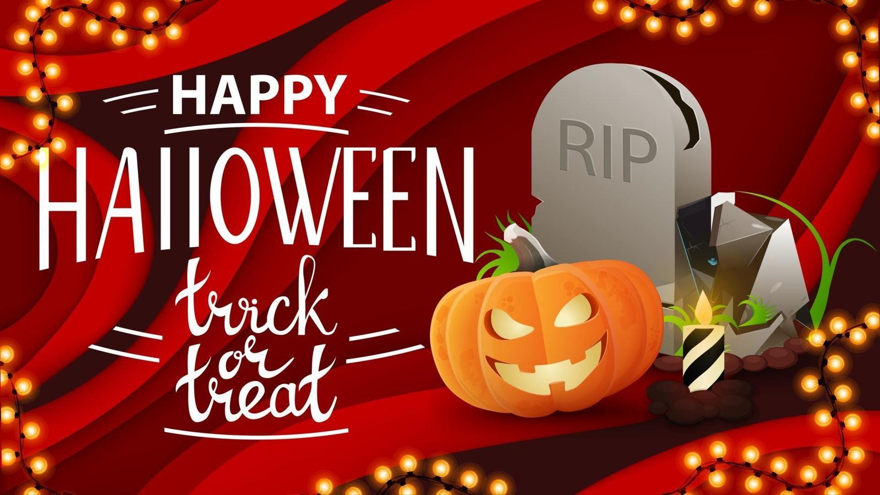 buon halloween, cartolina rossa orizzontale in stile carta tagliata con lapide e jack zucca vettore