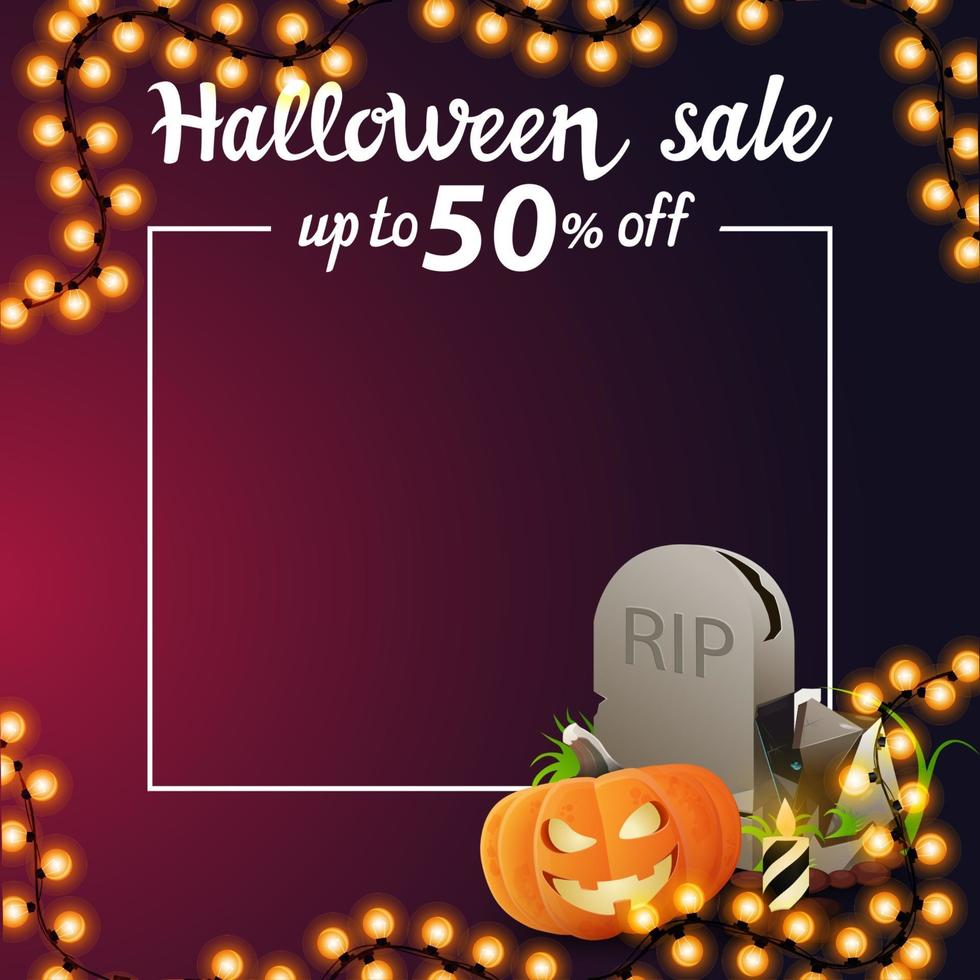 saldi di Halloween, fino a 50 di sconto, banner sconto quadrati rosa con posto per il tuo testo, lapide e jack zucca pumpkin vettore