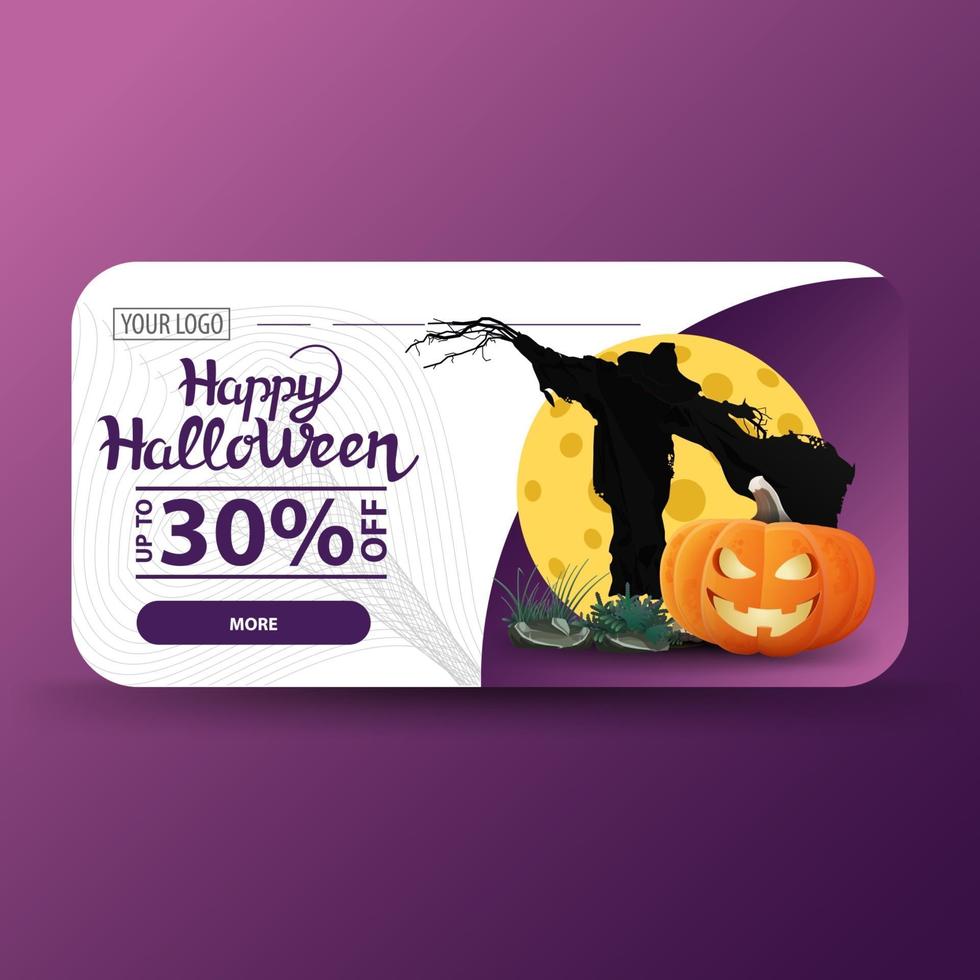 saldi di halloween, fino a -30 di sconto, banner sconto moderno con spaventapasseri e jack zucca contro la luna vettore