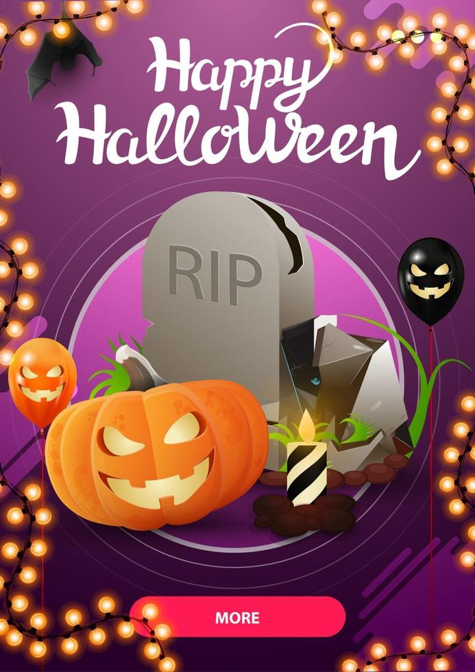 felice halloween, cartolina di auguri verticale viola con lapide, jack zucca, ghirlanda e bottone. vettore
