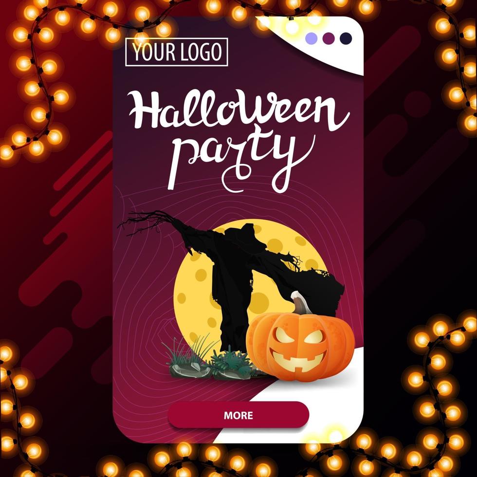 festa di halloween, banner di invito moderno verticale con spaventapasseri e jack zucca contro la luna vettore