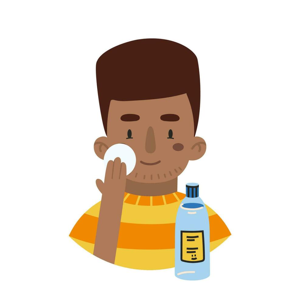 africano americano ragazzo si applica toner, viso pelle cura routine, cartone animato stile personaggio vettore