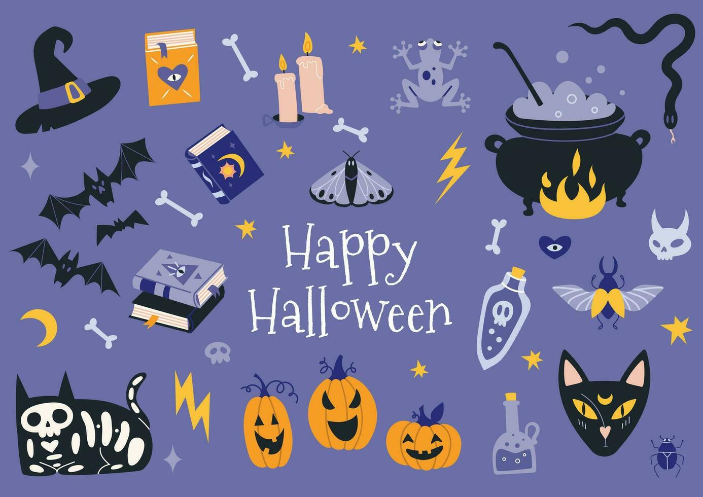 contento Halloween impostato con zucche, pipistrello, decorazione elementi. boemo mistico Magia collezione clip arte. di moda moderno vettore illustrazione, mano disegnato, piatto