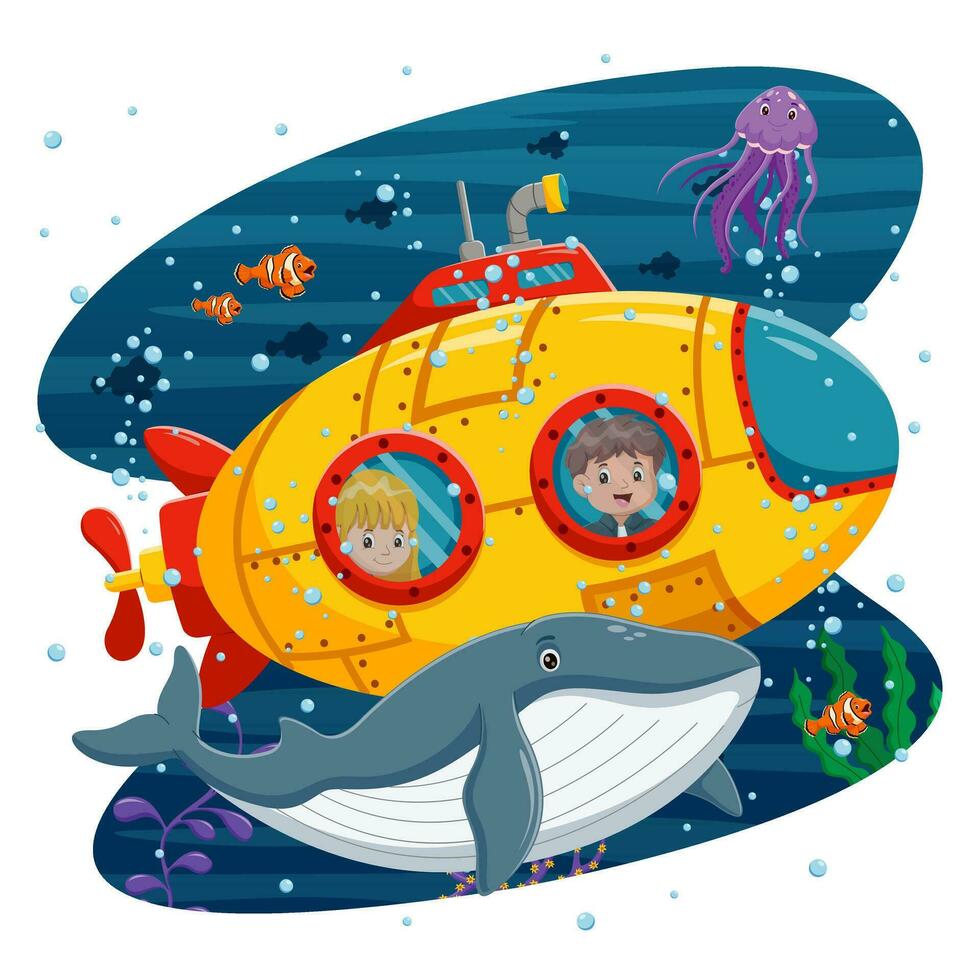 cartone animato sottomarino sotto il mare. piccolo curioso bambini su batiscafo Esplorare subacqueo mondo. vettore illustrazione