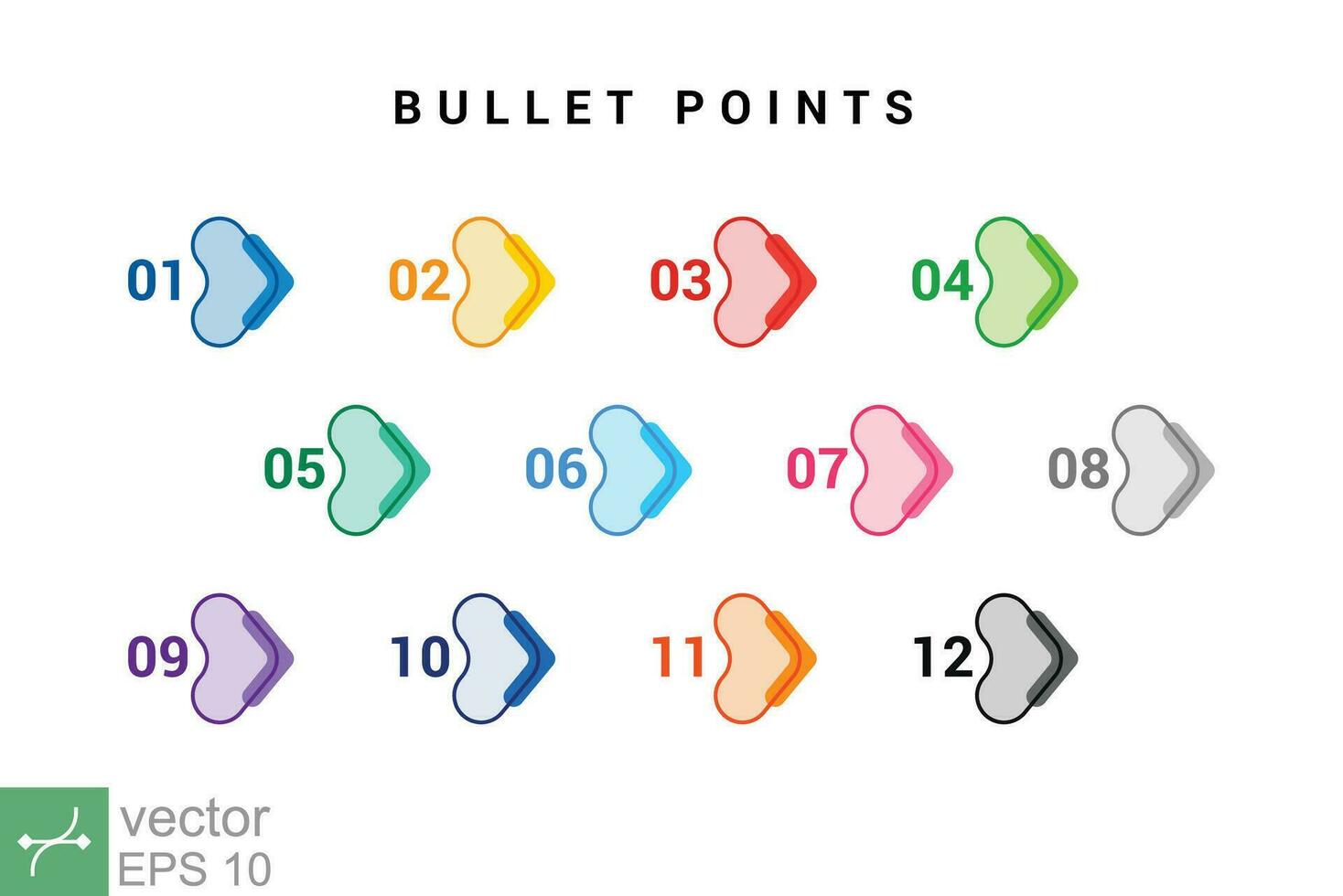 direzione numero proiettile punti a partire dal uno per dodici. semplice piatto stile. numero con freccia per elenco e etichetta infografica. vettore illustrazione isolato su bianca sfondo. eps 10.