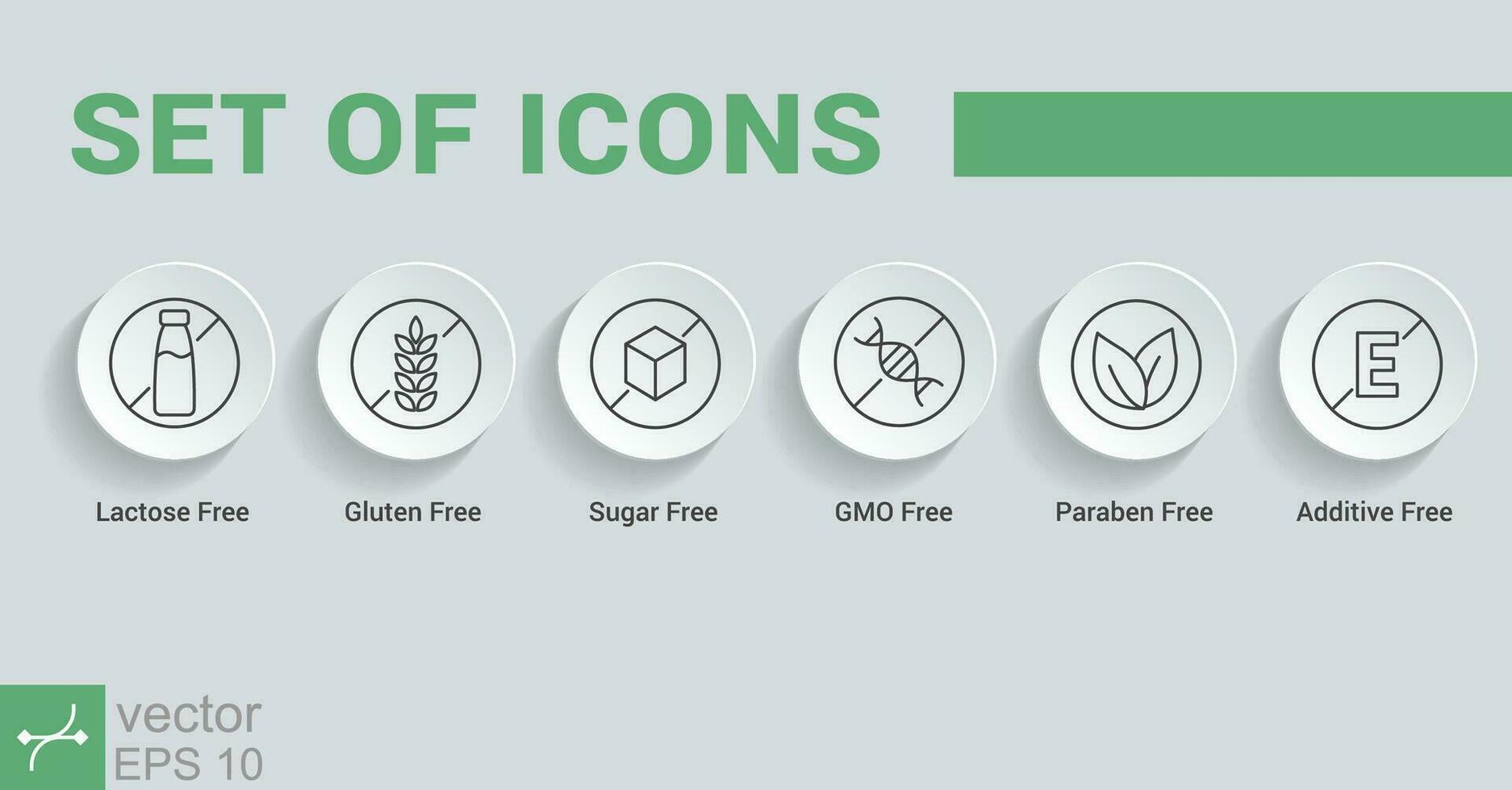 impostato di Comune allergeni icona. semplice schema stile. glutine gratuito, lattosio gratuito, ogm gratuito, parabeni, cibo additivo, zucchero gratuito. magro linea vettore illustrazione isolato. eps 10.