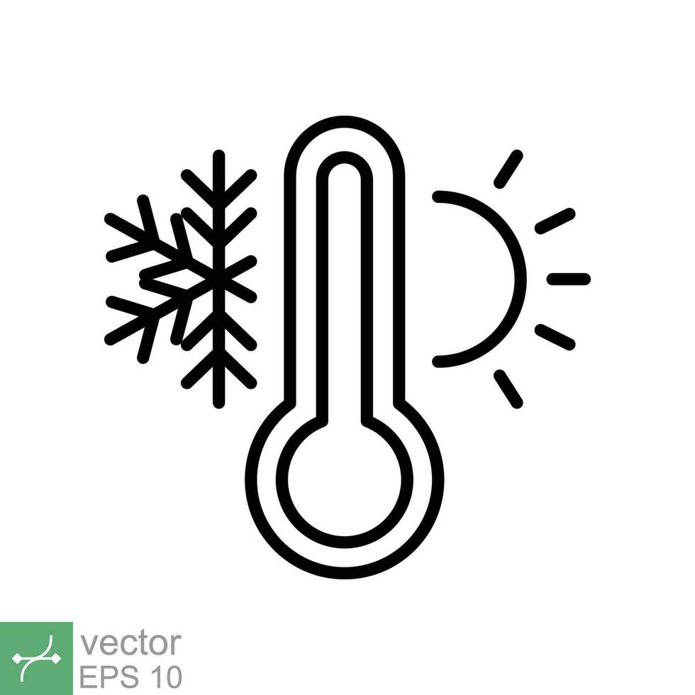 tempo metereologico temperatura termometro icona. schema stile cartello per ragnatela e app. termometro con freddo e caldo simbolo. magro linea vettore illustrazione isolato su bianca sfondo. eps 10.