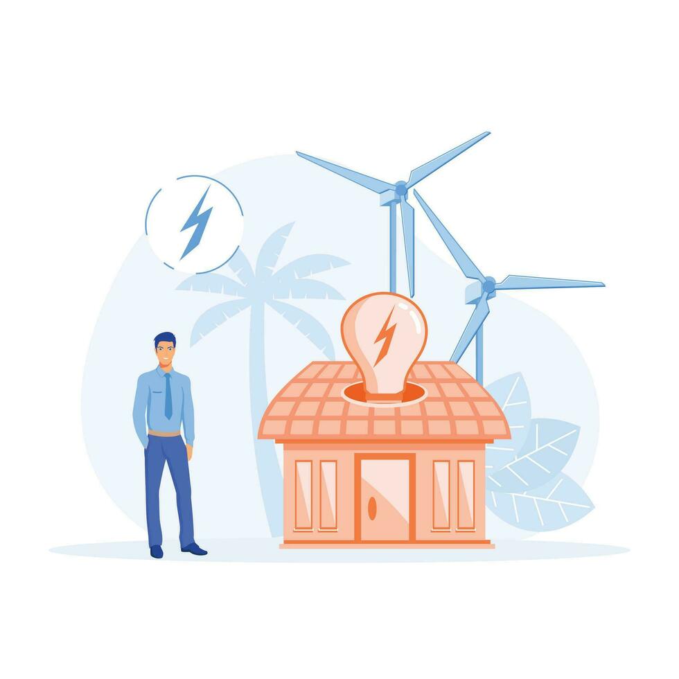 sostenibilità, personaggi utilizzando verde elettricità, mulini a vento e solare pannelli. ridurre carbonio orma. piatto vettore moderno illustrazione