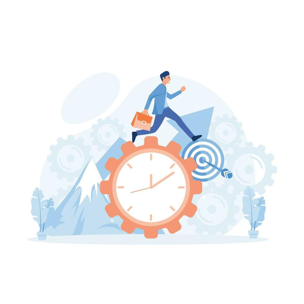 tempo gestione concetto, uomo d'affari correre lungo Ingranaggio nel modulo di orologio. piatto vettore moderno illustrazione