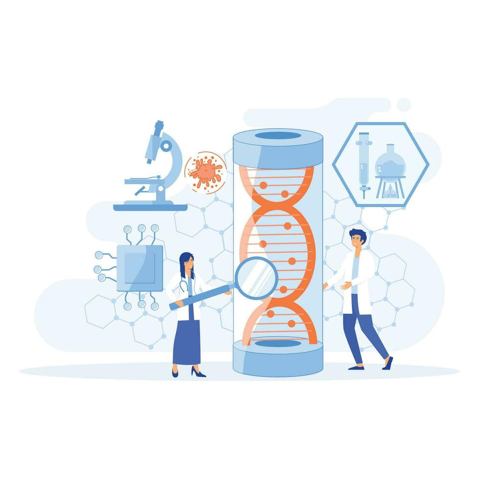 biotecnologia o bio Tech dna ricerca come genetico scienza schema concetto. elica spirale clone studia processi. piatto vettore moderno illustrazione