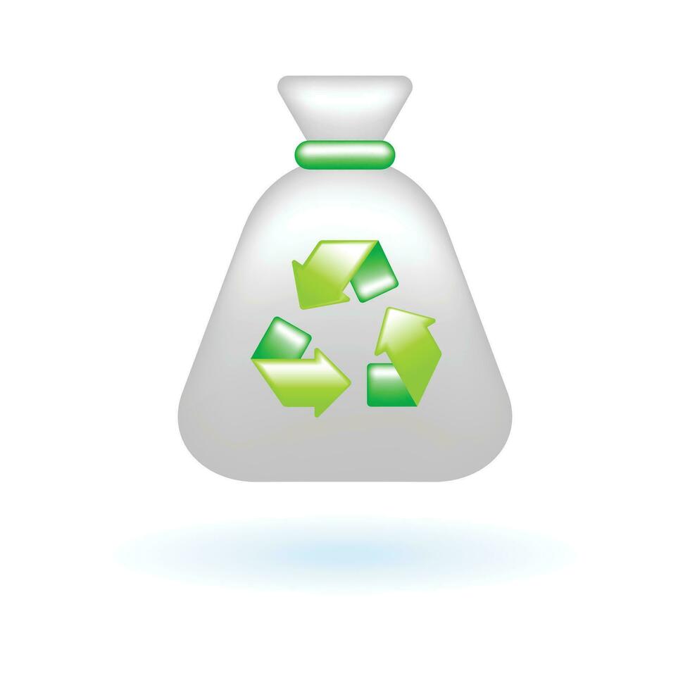 3d riciclare spazzatura Borsa spazzatura Borsa icona. eco sostenibilità ambientale concetto. lucido bicchiere plastica colore. carino realistico cartone animato minimo stile. 3d rendere vettore icona UX ui isolato illustrazione.