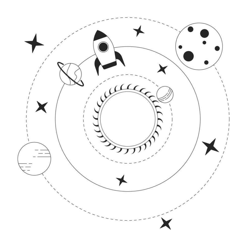 solare sistema bw concetto vettore individuare illustrazione. razzo scienza. navicella spaziale nel cosmo. 2d cartone animato piatto linea monocromatico oggetti per ragnatela ui design. modificabile isolato schema eroe Immagine