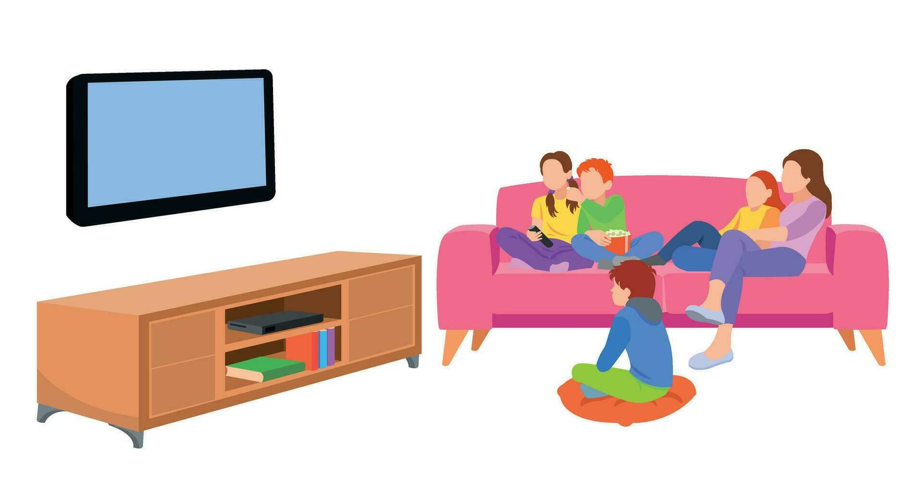 famiglia felice guardando la televisione insieme in soggiorno. illustrazione di famiglia in stile cartone animato vettore