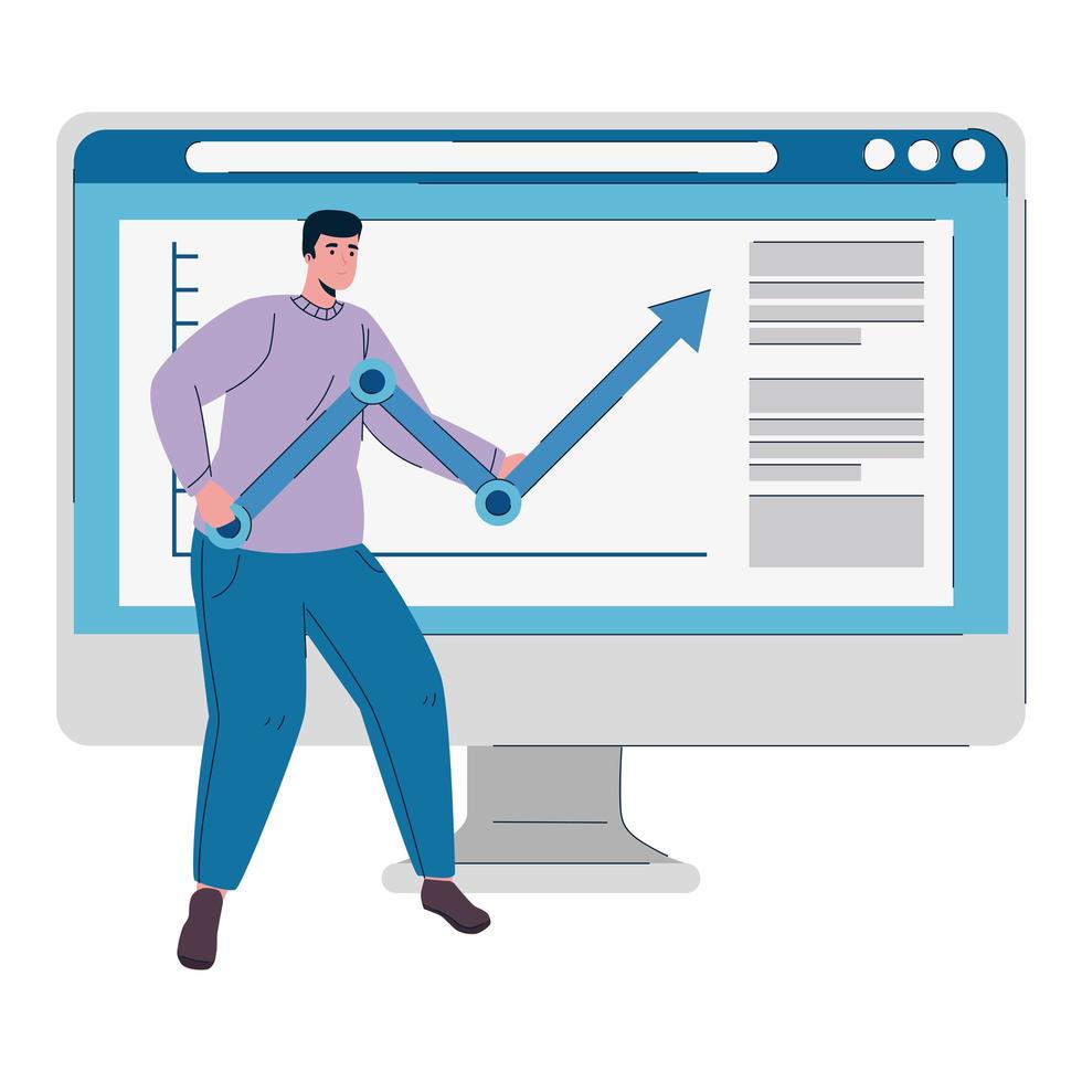 computer desktop con la freccia delle statistiche di sollevamento dell'uomo vettore