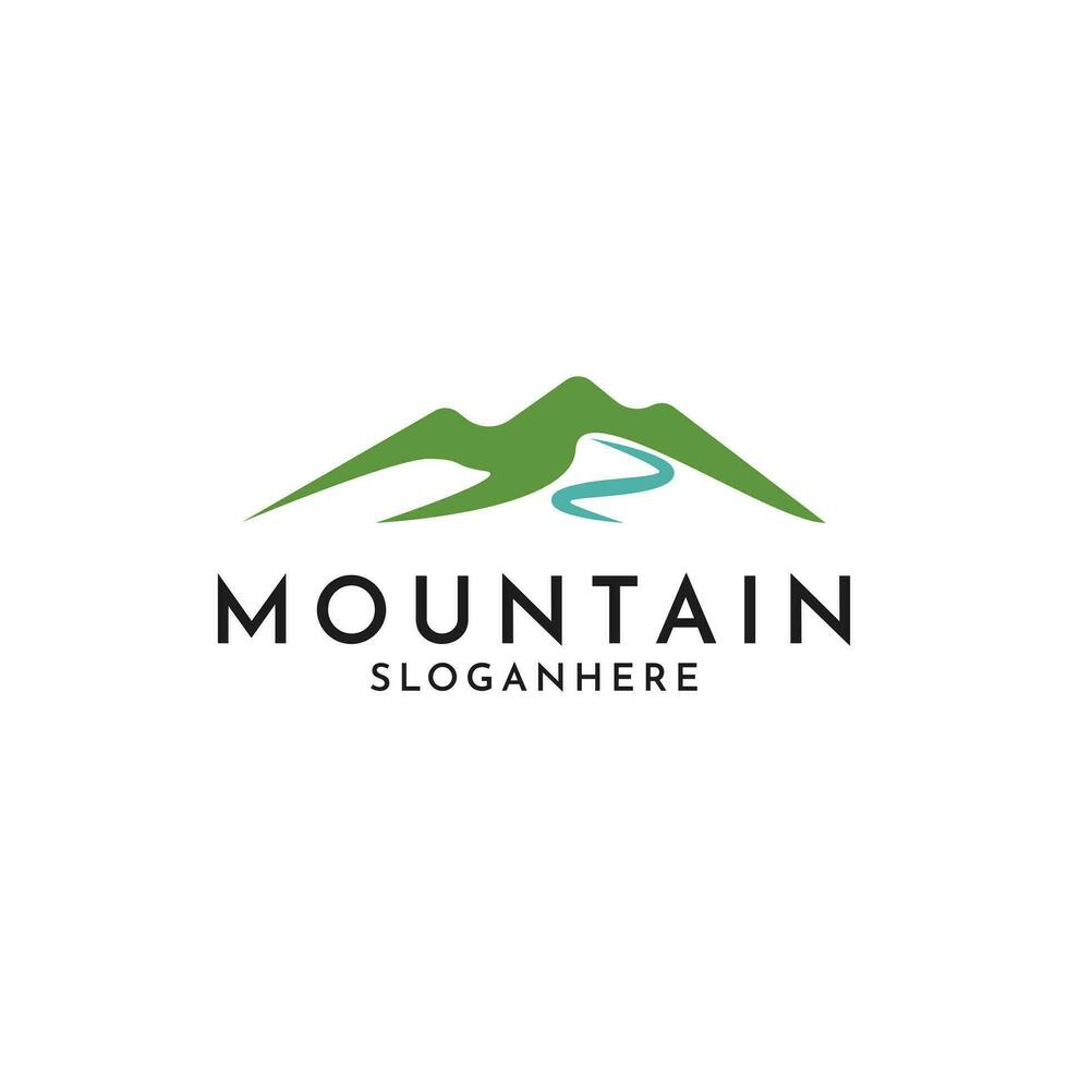 montagna collina logo design con fiume, montagna logo design idea vettore
