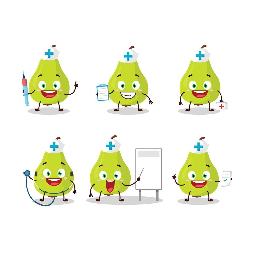 medico professione emoticon con verde Pera cartone animato personaggio vettore