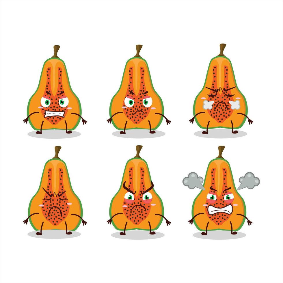 fetta di papaia cartone animato personaggio con vario arrabbiato espressioni vettore