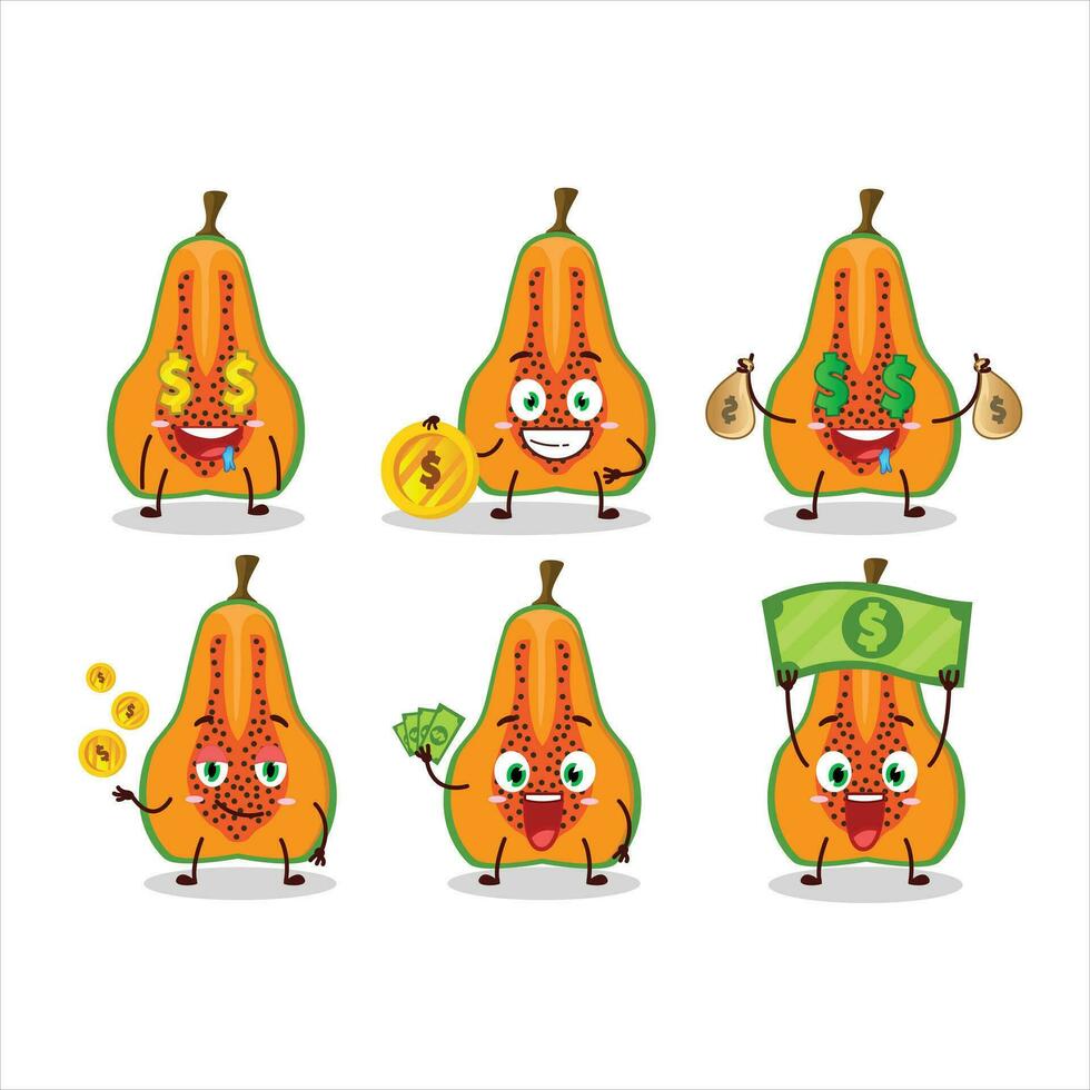 fetta di papaia cartone animato personaggio con carino emoticon portare i soldi vettore