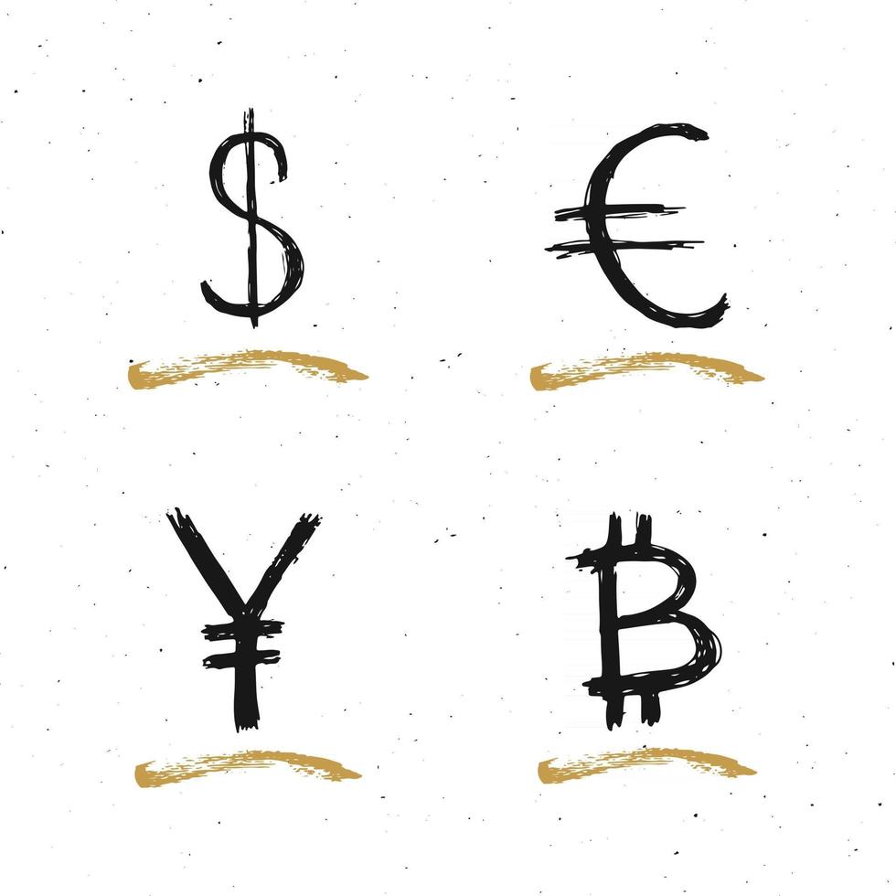 dollaro, euro, yen e bitcoin segno icona pennello lettering, simboli calligrafici grunge, illustrazione vettoriale
