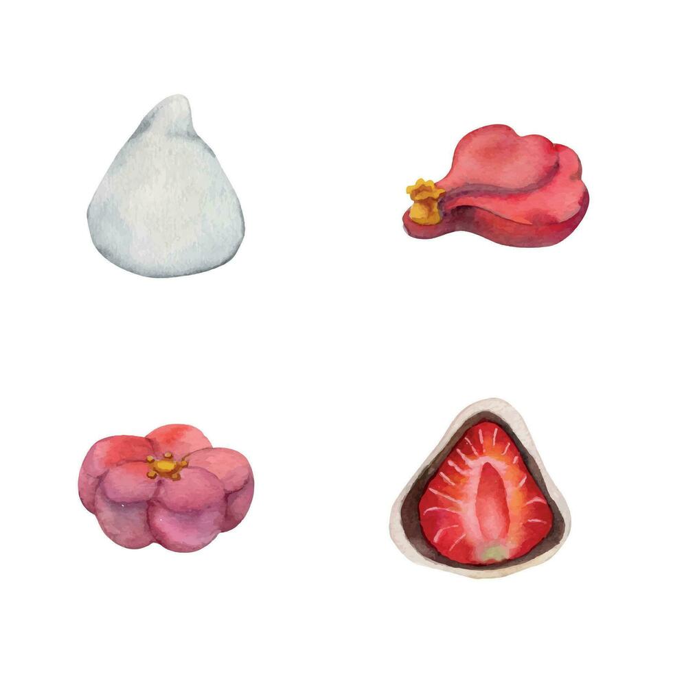 acquerello mano disegnato tradizionale giapponese dolci. inverno wagashi, mochi, Hanabira, camelia. isolato su bianca sfondo. design per inviti, ristorante menù, saluto carte, Stampa, tessile vettore