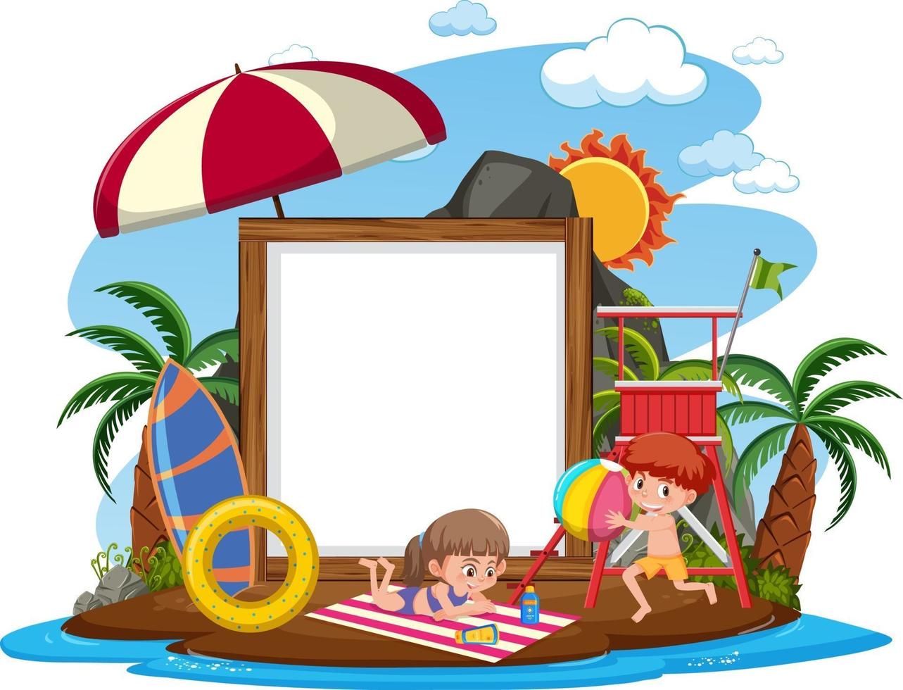 modello di banner vuoto con molti bambini in vacanza estiva in spiaggia isolata vettore