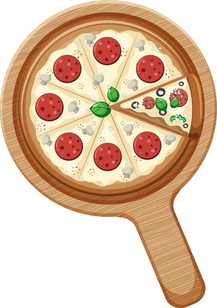 un'intera pizza con salsa di peperoni sul piatto di legno isolato vettore