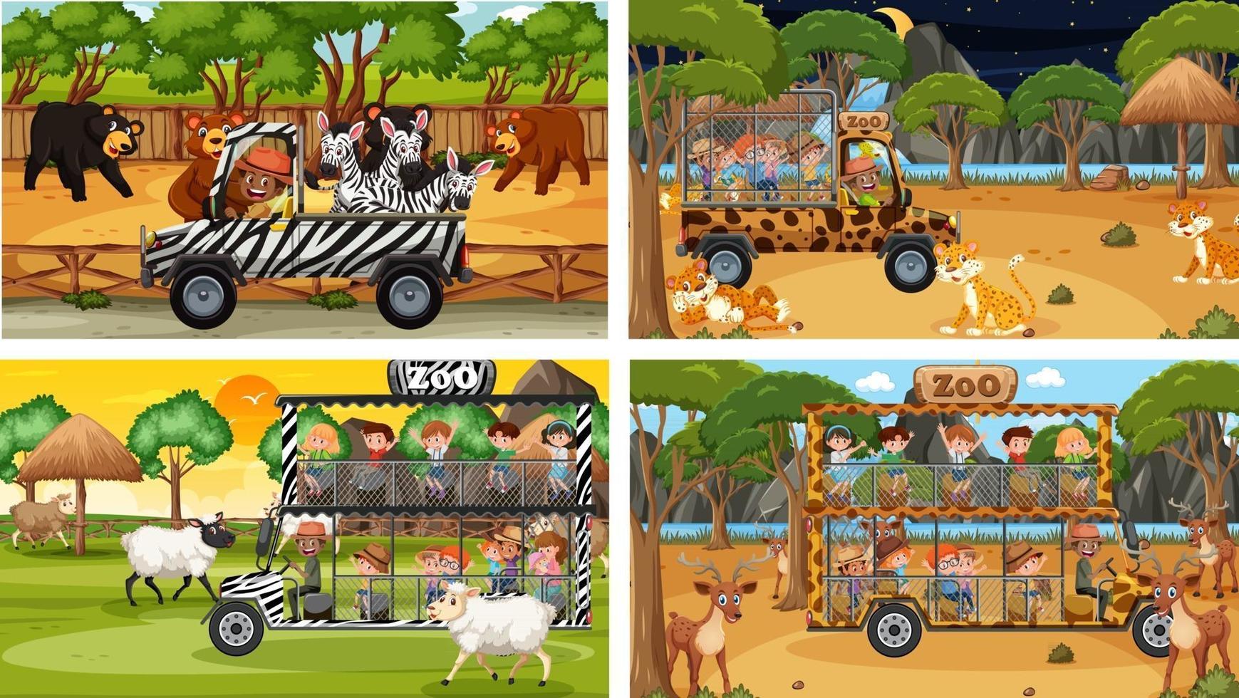 set di diversi animali in scene di safari con i bambini vettore