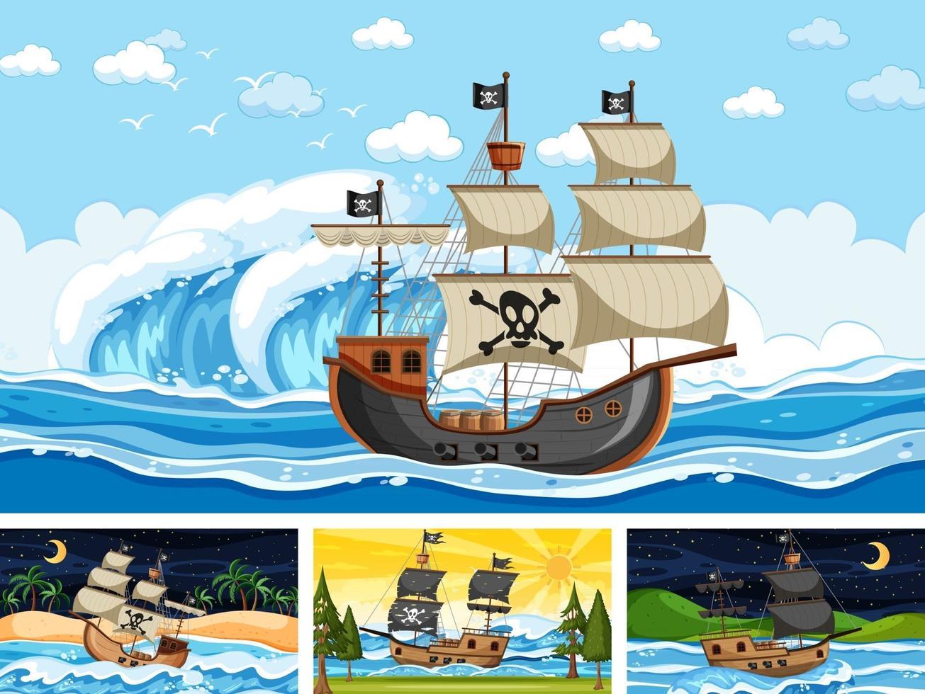 set di scene oceaniche in momenti diversi con nave pirata in stile cartone animato vettore