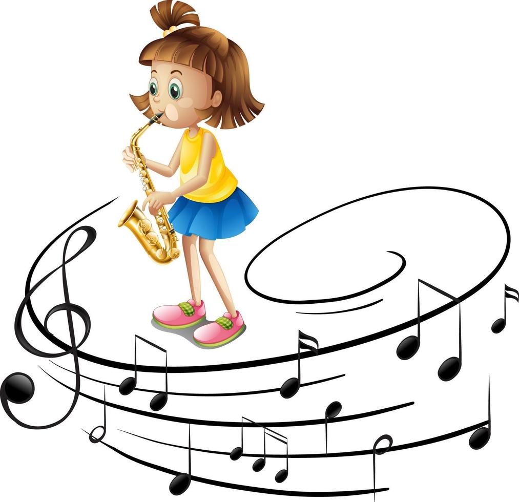 personaggio dei cartoni animati di una ragazza che suona il sassofono con simboli di melodia musicale vettore