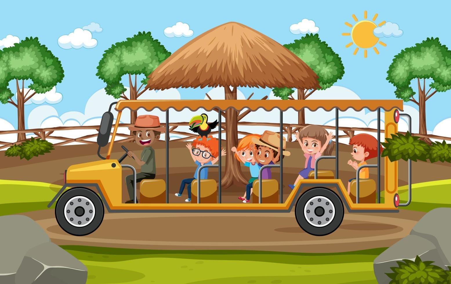 i bambini in automobile turistica esplorano nella scena dello zoo vettore