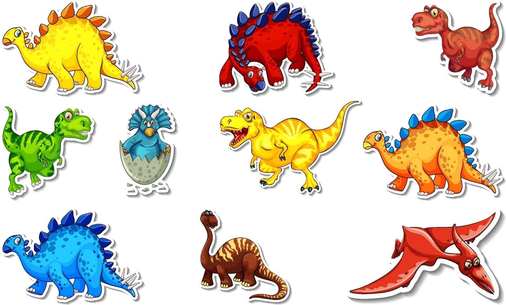 set di adesivi con diversi tipi di personaggi dei cartoni animati di dinosauri vettore