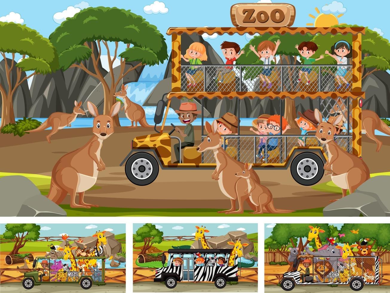 diverse scene di safari con animali e personaggi dei cartoni animati per bambini vettore