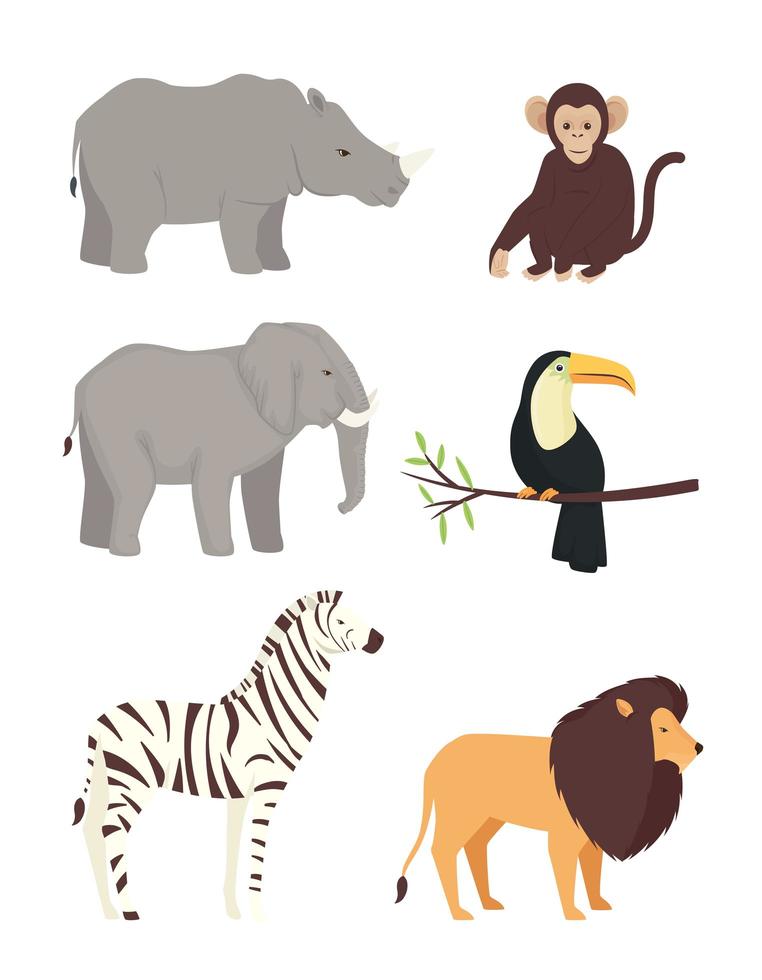 fascio di sei icone di animali selvatici set vettore