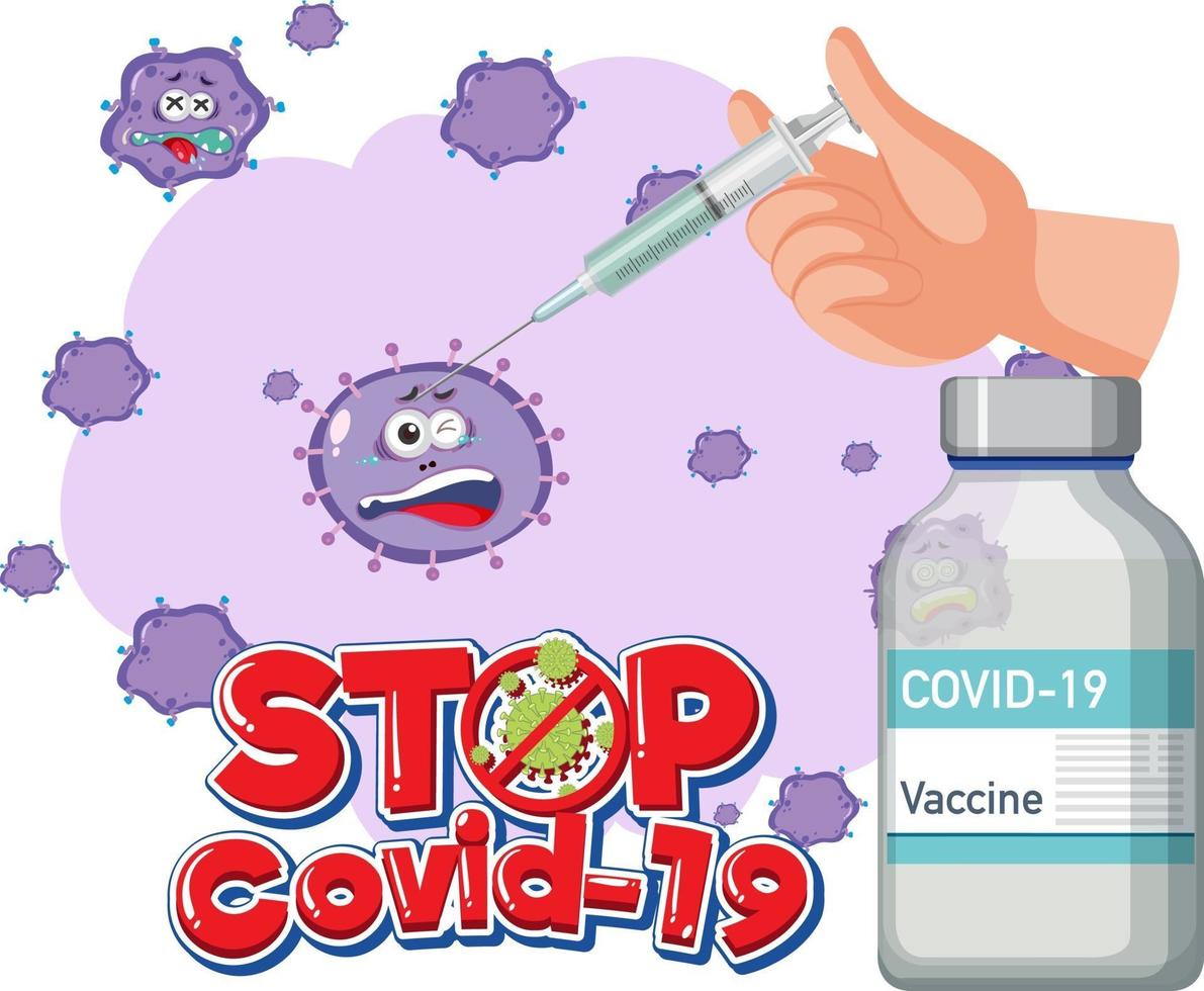 ferma il logo o il banner covid-19 con il flacone del vaccino covid-19 e il segno del coronavirus vettore