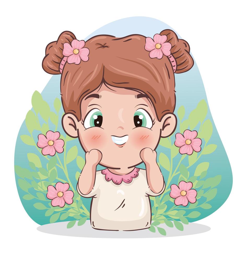 cartone animato ragazza con fiori e foglie disegno vettoriale