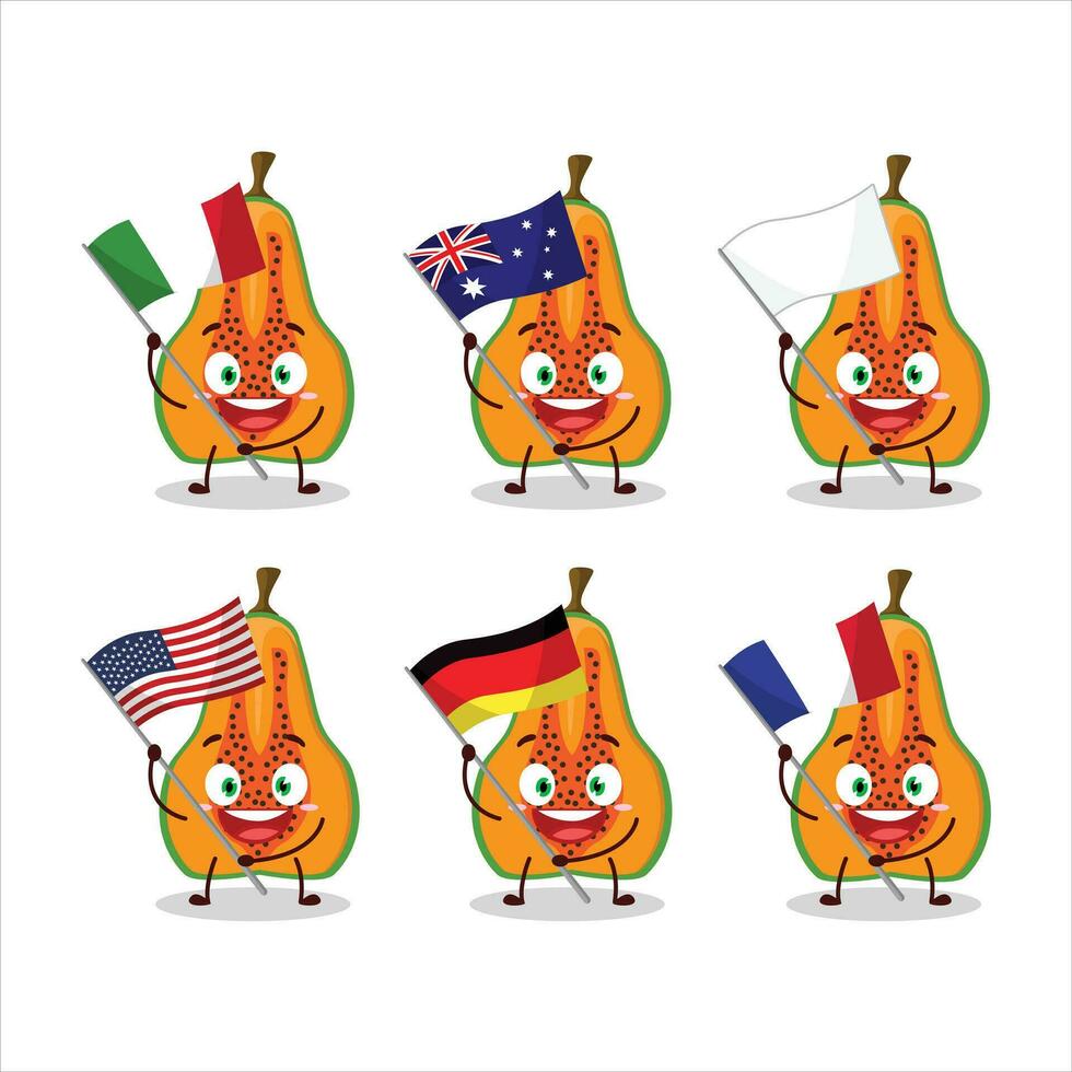 fetta di papaia cartone animato personaggio portare il bandiere di vario paesi vettore