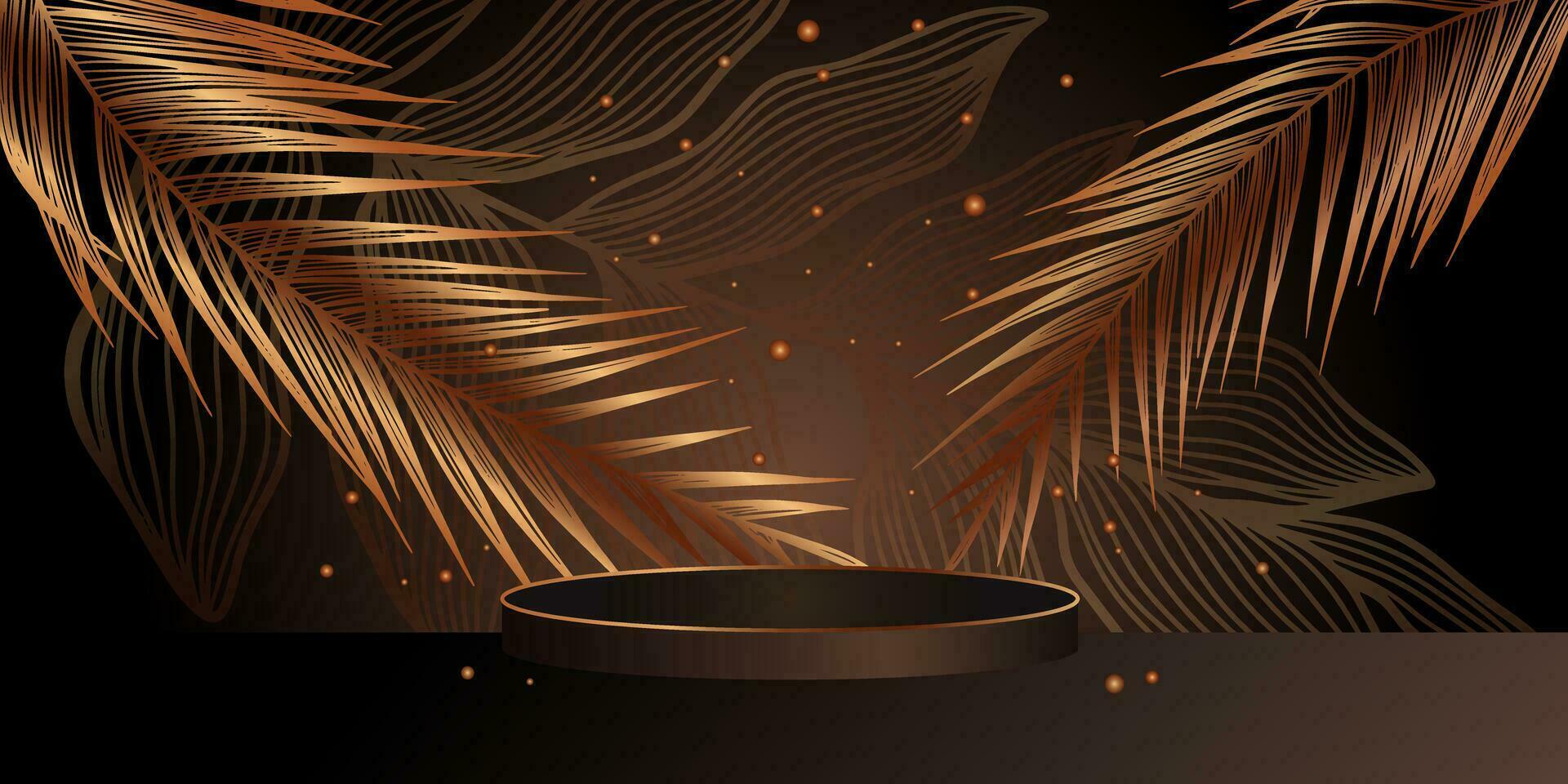 lusso d'oro podio su buio sfondo. oro tropicale le foglie. palma ramo e luccichio. Prodotto presentazione In piedi vettore