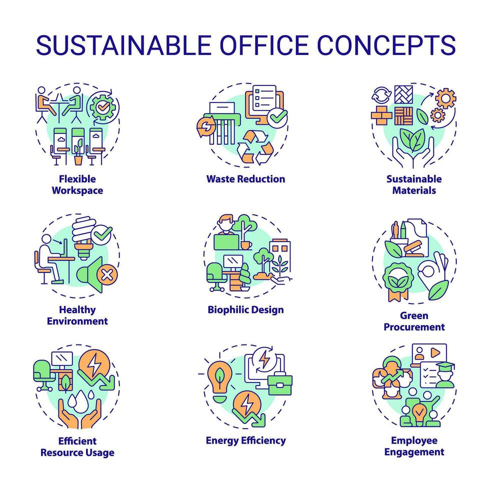 2d modificabile icone impostato che rappresentano sostenibile ufficio concetti, isolato vettore, magro linea colorato illustrazione. vettore