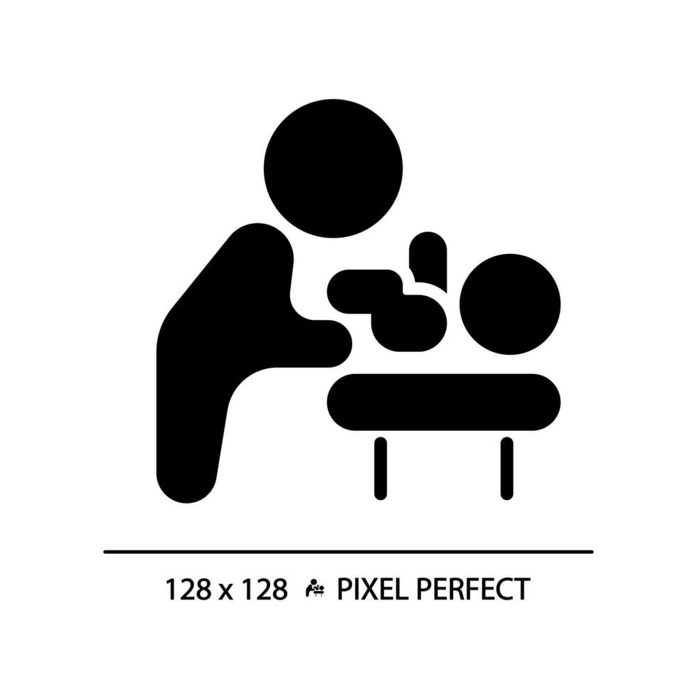 bambino mutevole camera pixel Perfetto nero glifo icona. pannolino tavolo nel pubblico bagno. convenienza per bambini genitori. silhouette simbolo su bianca spazio. solido pittogramma. vettore isolato illustrazione