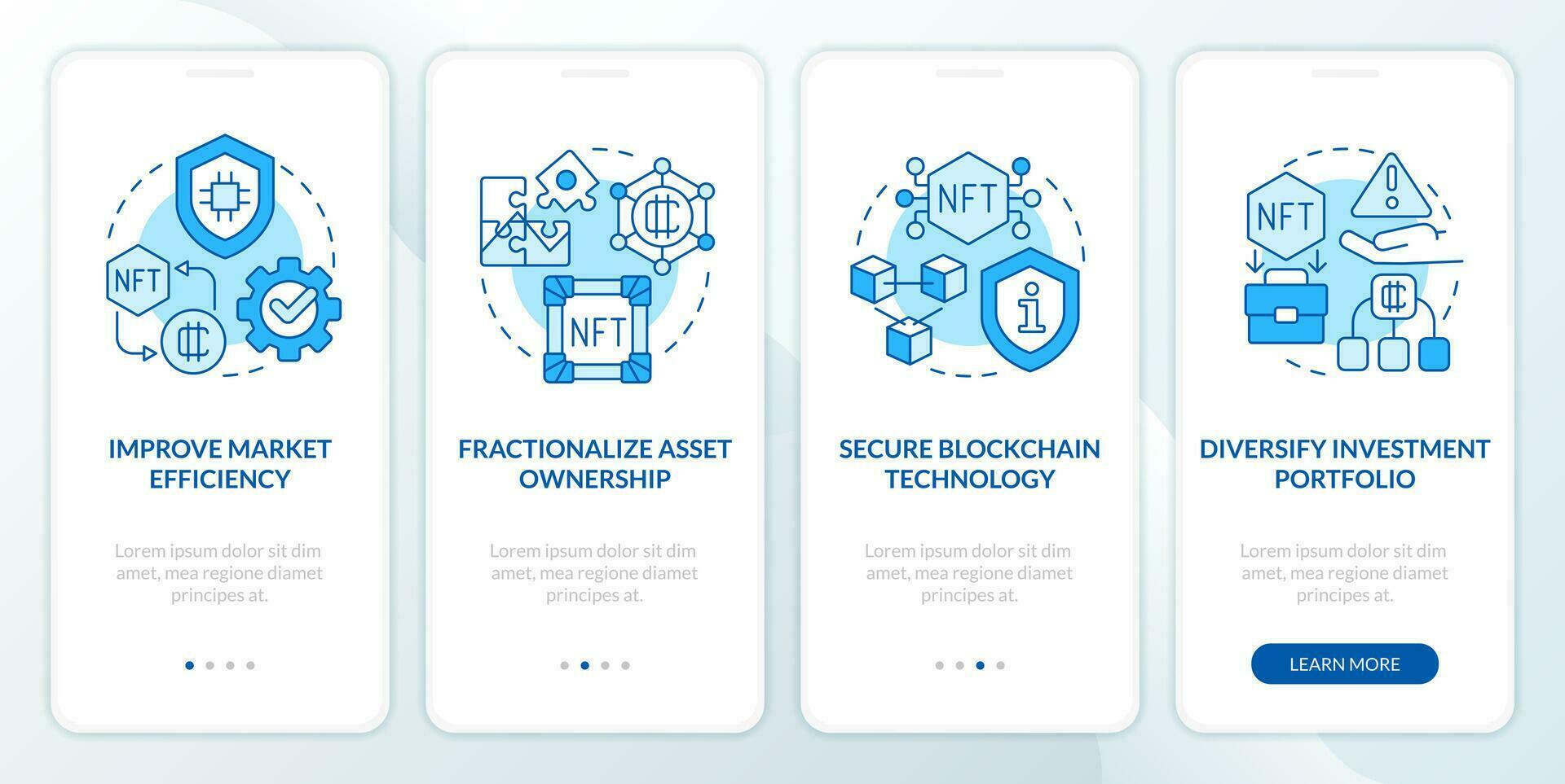 nft benefici blu onboarding mobile App schermo. digitale opere d'arte Procedura dettagliata 4 passaggi modificabile grafico Istruzioni con lineare concetti. ui, ux, gui modello vettore