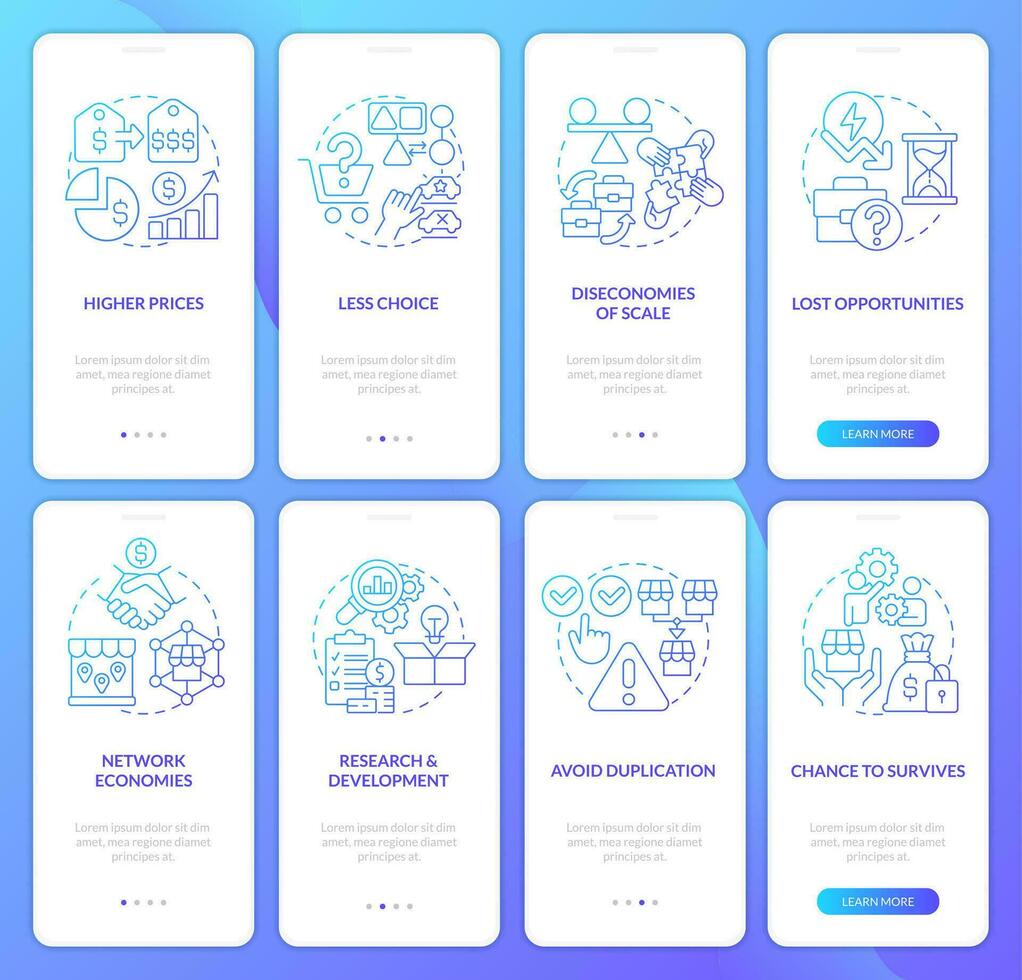 fusione e acquisizione strategia blu pendenza onboarding mobile App schermo impostare. Procedura dettagliata 4 passaggi grafico Istruzioni con lineare concetti. ui, ux, gui modello vettore