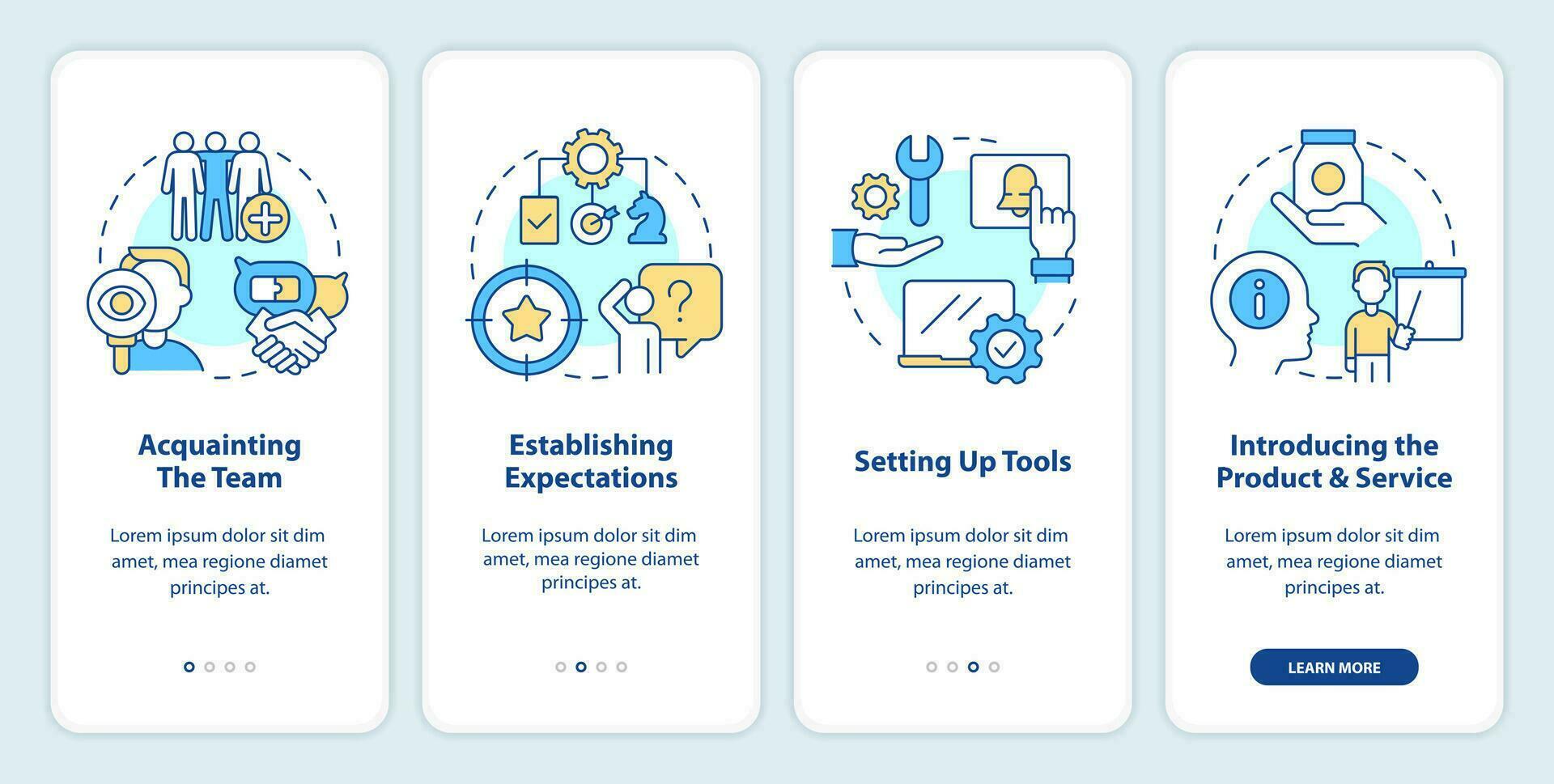 nuovo assumere cliente servizio formazione passaggi onboarding mobile App schermo. Procedura dettagliata 4 passaggi modificabile grafico Istruzioni con lineare concetti. ui, ux, gui modello vettore