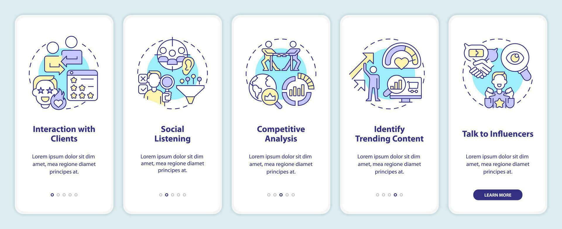 trendpotting suggerimenti onboarding mobile App schermo. mercato analisi Procedura dettagliata 5 passaggi modificabile grafico Istruzioni con lineare concetti. ui, ux, gui modello vettore