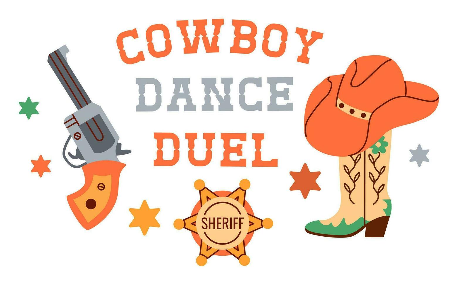 orizzontale bandiera modello per cowboy festa invito decorato di stivali, ferro di cavallo, pistola, cappello. piatto vettore illustrazione.