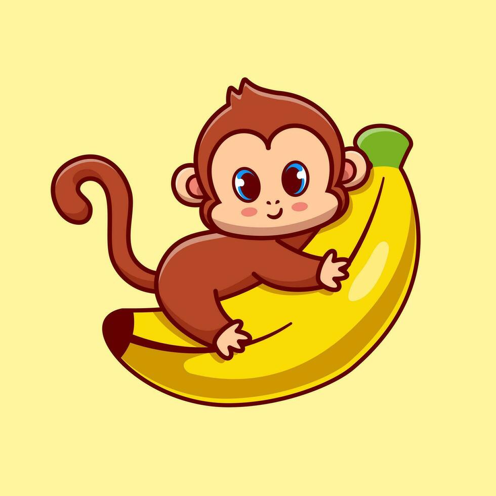 carino scimmia abbraccio Banana cartone animato vettore icona illustrazione. animale frutta icona concetto isolato premio vettore. piatto cartone animato stile
